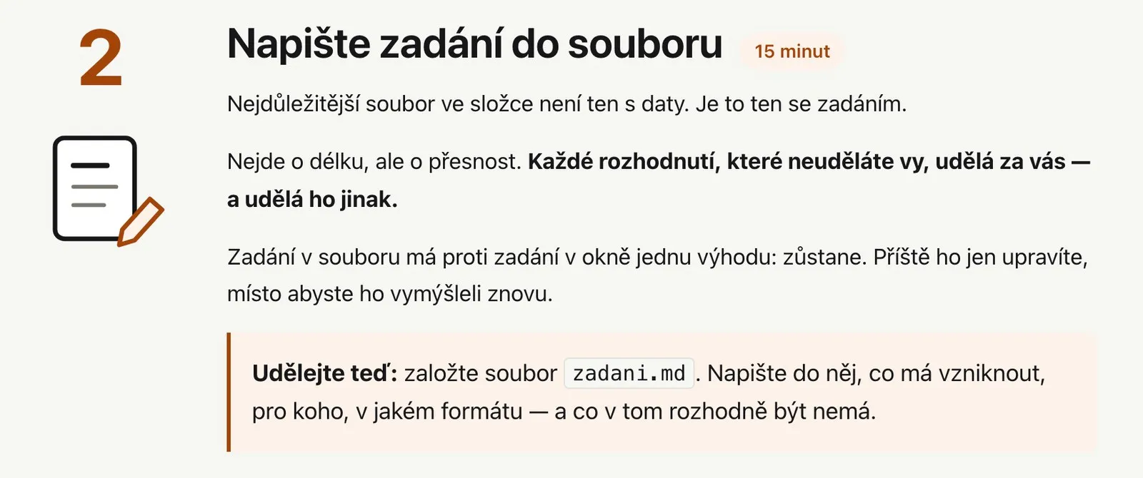 Druhý krok stránky Dejte tomu hodinu: napište zadání do souboru