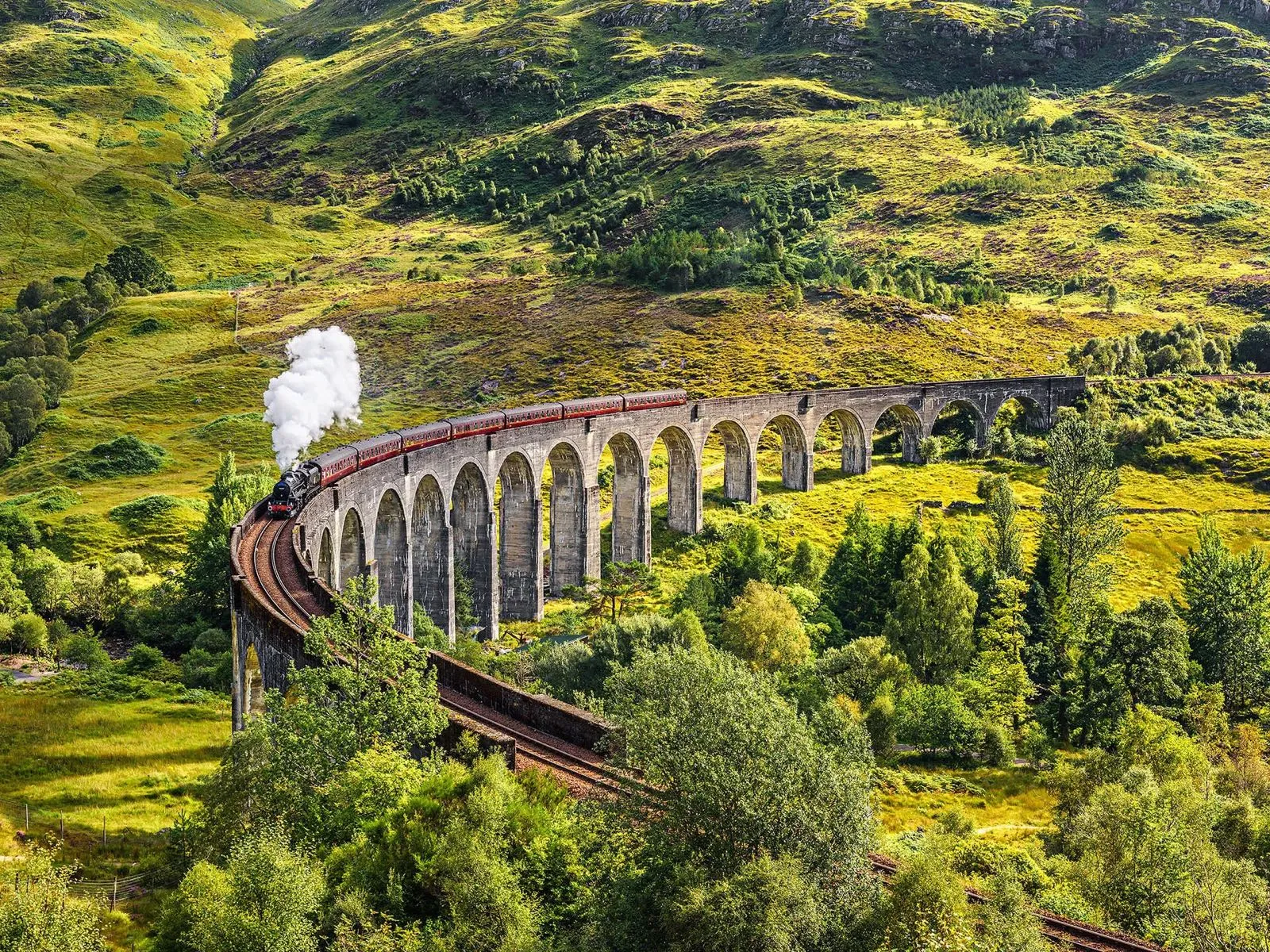 Pohled na parní vlak projíždějící po viaduktu v malebné skotské krajině, obklopený zelenými kopci a stromy.