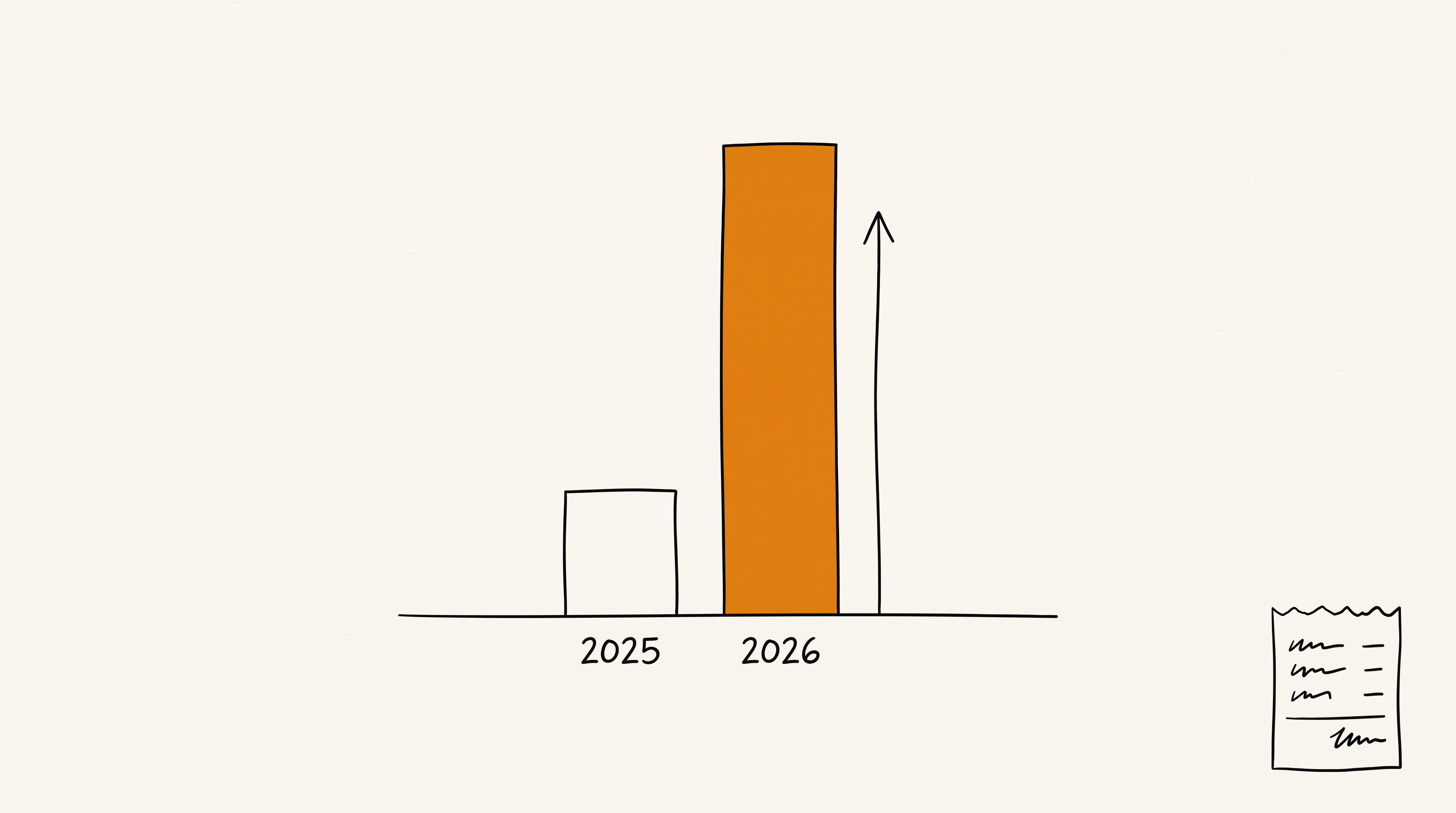 Skica sloupcového grafu: nízký sloupec 2025 a výrazně vyšší oranžový sloupec 2026, vedle šipka nahoru a účtenka.